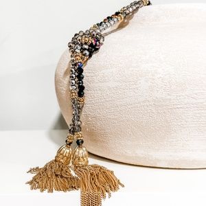 Long Drop Bead Necklace w/Tassel Chains